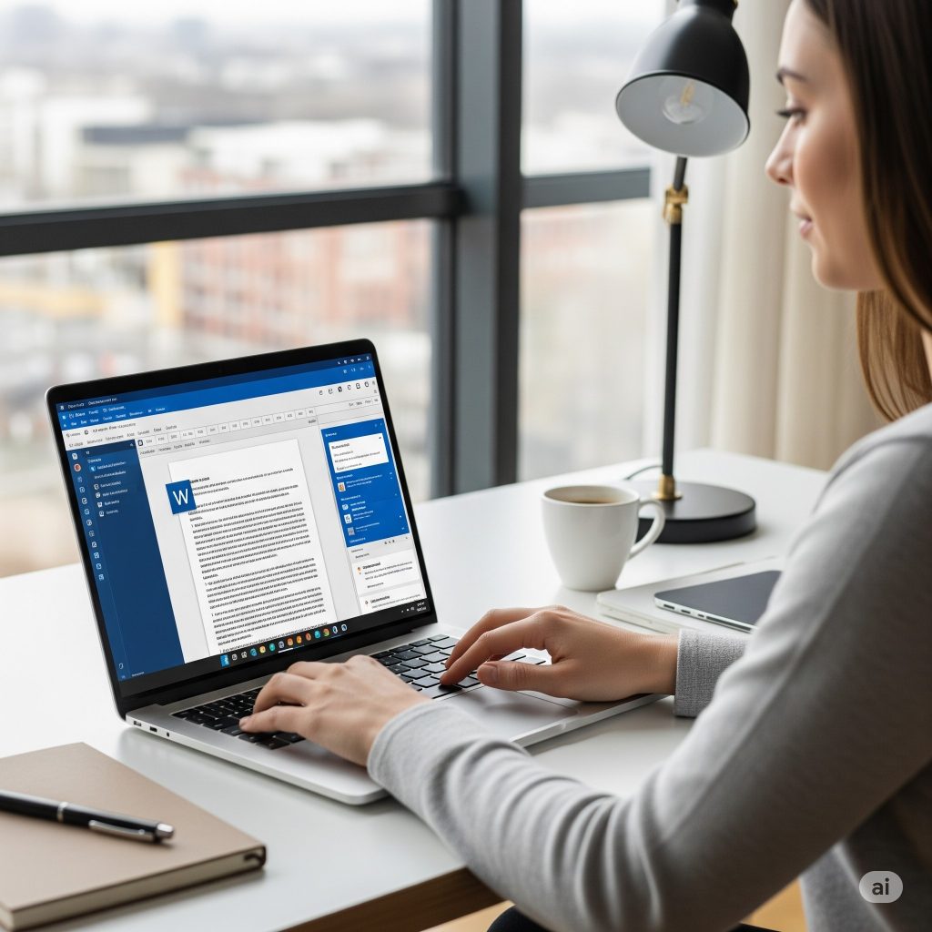 Person typing on laptop working on MS Word.