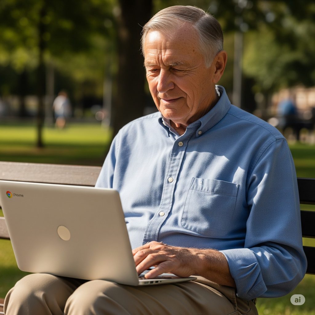 Older man using laptop in sunny park.