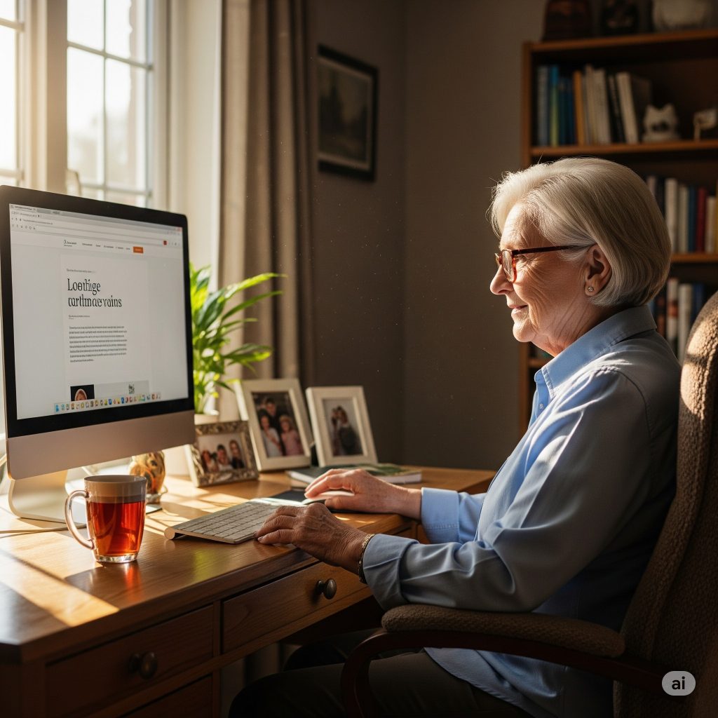 Elderly woman working on computer in cozy office.