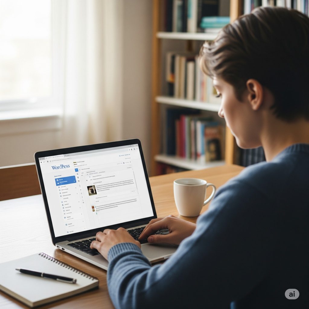 Person using WordPress on a laptop at home.
